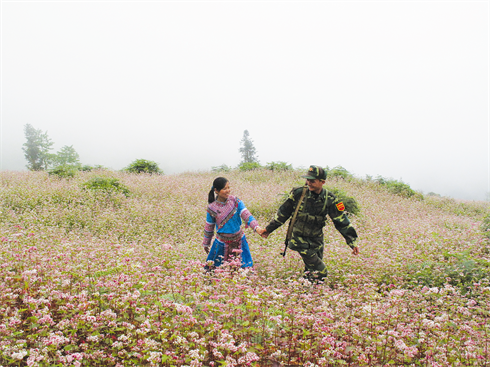 Soldat et sa fiancée parmi les sarrasins en fleurs. 