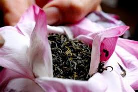 Pour une aromatisation dans les règles de l’art, placer le thé au cœur de la fleur, avant d’emballer le tout dans une feuille de lotus. Photo : Net/CVN